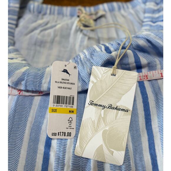 NWT Womens Tommy Bahama Island Gauze Blue White Stripe‎ Flowy Dress Size Medium - Picture 9 of 14